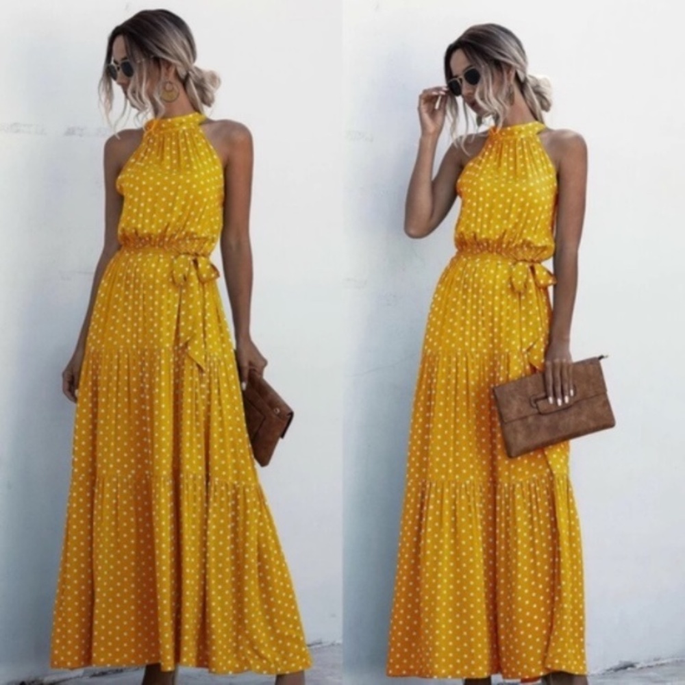 Boho polka dot layer ruffle Belted halter Maxi dress - Picture 3 of 4